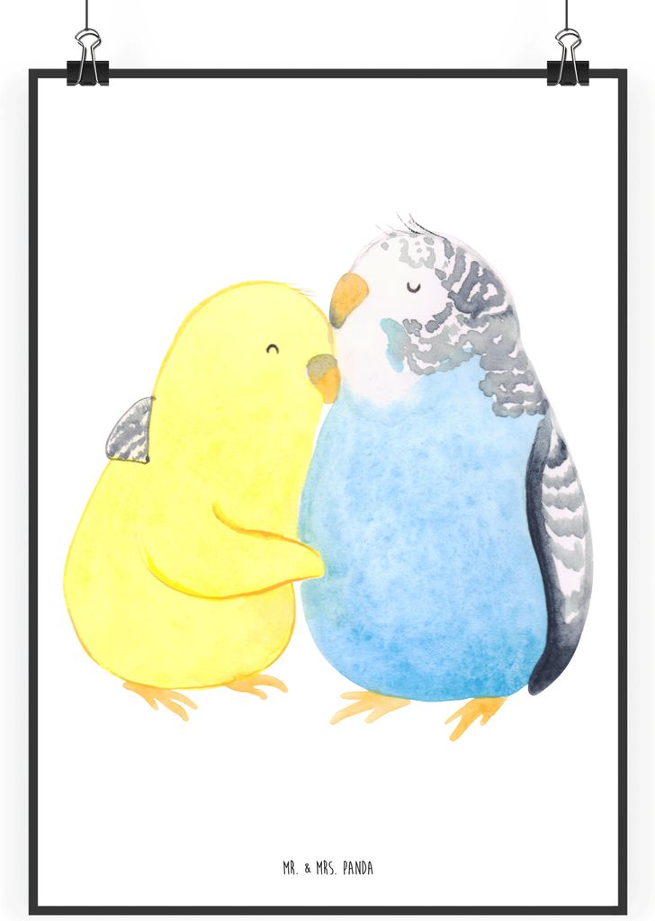 Mr. & Mrs. Panda Bild Wellensittich Liebe DIN A1 - Weiß - Geschenk, wanddeko, Wandbild, Verknallt, Freundin, Umarmung, Verliebt, Kunstdruck, Vertr...