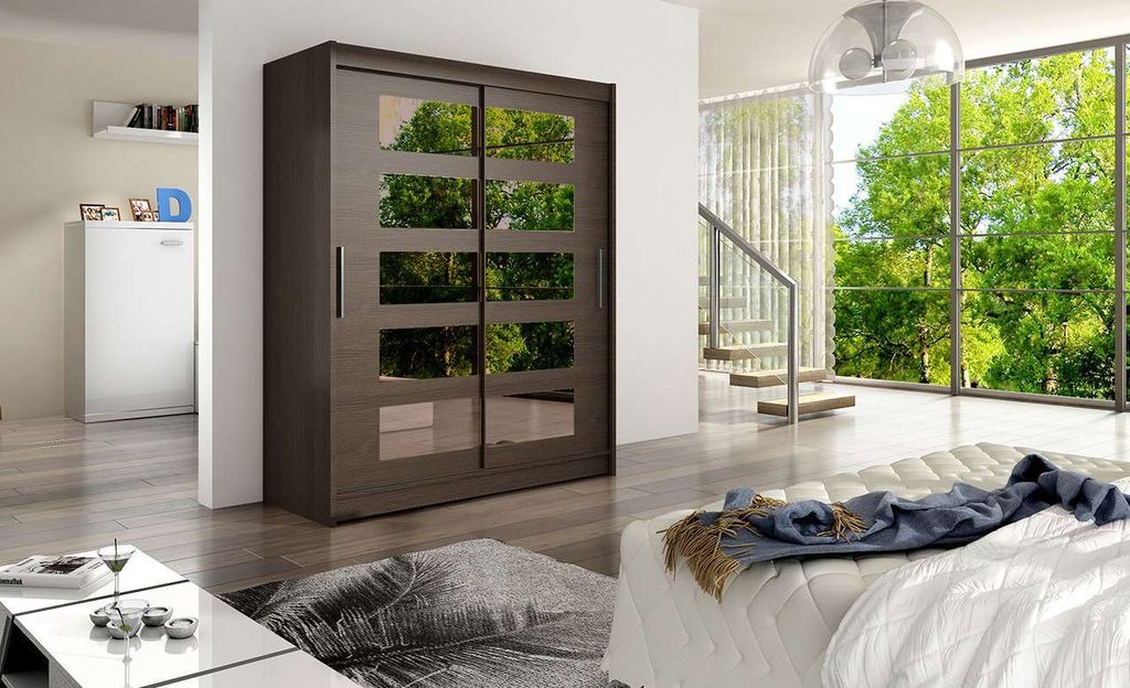 Schwebetürenschrank 2-türig Schrank 150 cm mit Regalen Moderne Kleiderschrank mit Spiegel Garderobe für Kleidung Modell WENDY V BRAUN