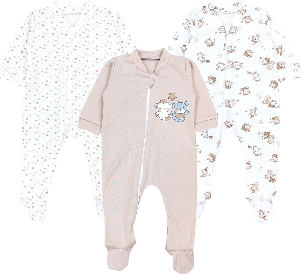 TupTam Baby Unisex Schlafstrampler Mädchen Schlafanzug mit Fuß Jungen Spieler 3er Pack, Farbe: Beige/Weiß, Größe: 68