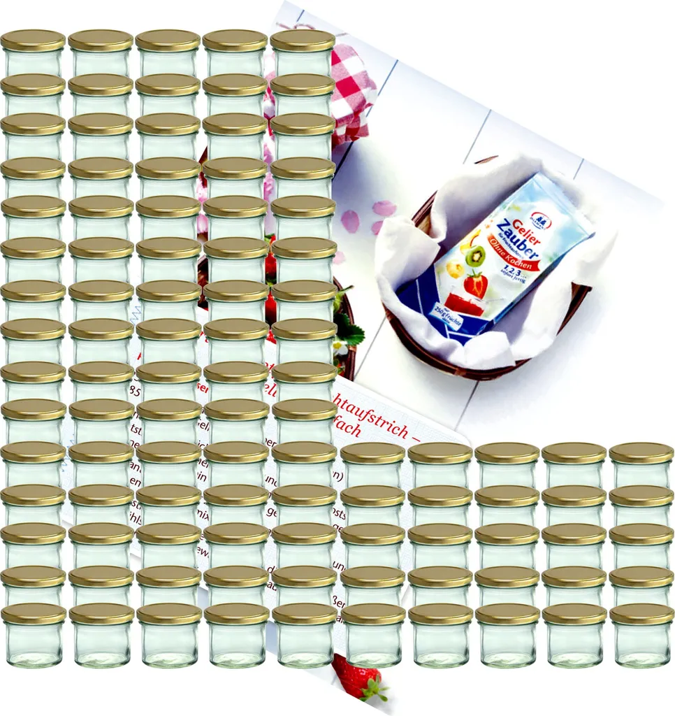 100 Barattoli Vetro per Confetture 125 ml - Tappo Oro e Ricettario