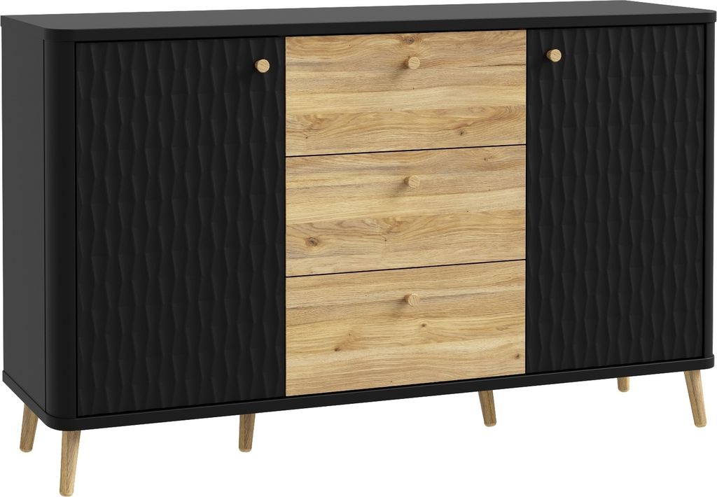 Sideboard >FIXSMILE< 3 Schübe, Mauvella Eiche Nachbildung / Schwarz - 138x84,6x41,5cm (BxHxT)