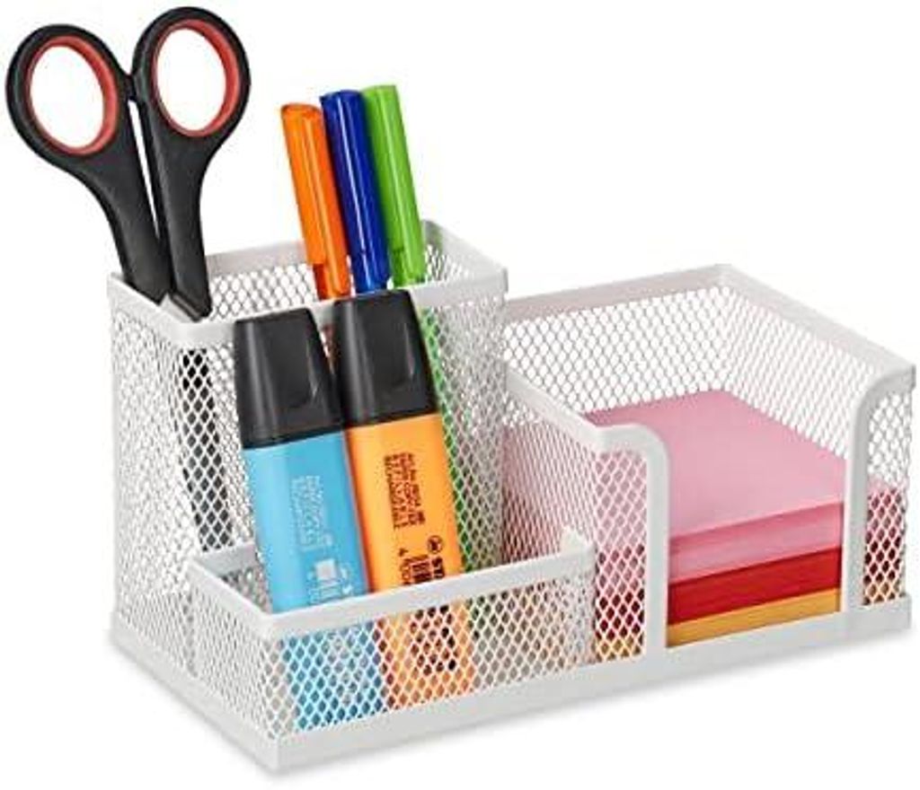 Schreibtisch-Organizer, 3 Fächer, Mesh-Design, HxBxT: 10 x 18,5 x 9,5 cm, Zettelbox mit Stiftehalter, weiß