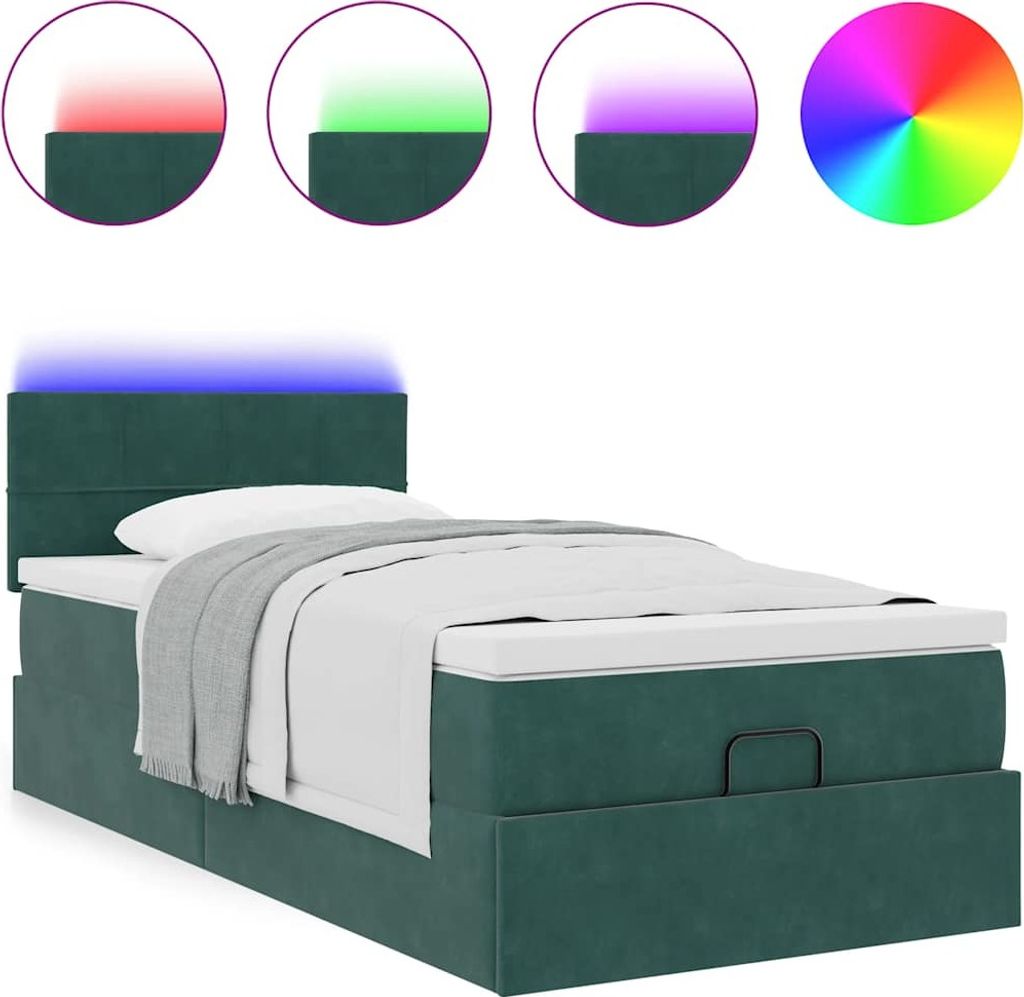 Ottoman-Bett mit Matratze & LEDs Dunkelgrün 100x200 cm Samt