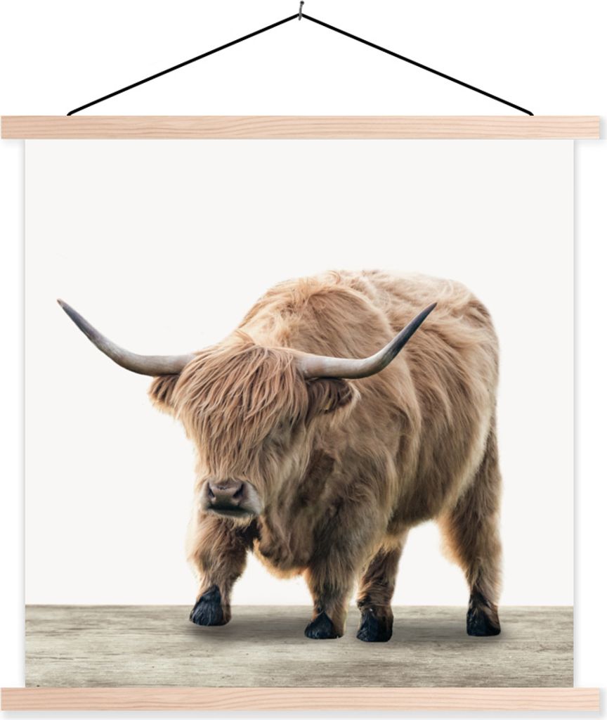 MuchoWow Textilposter Schottisches Hochlandrind - Tiere - Holz - Jungen - Kinder - Kinder 120x120 cm mit holzfarbenen Rahmen - Textil-Poster