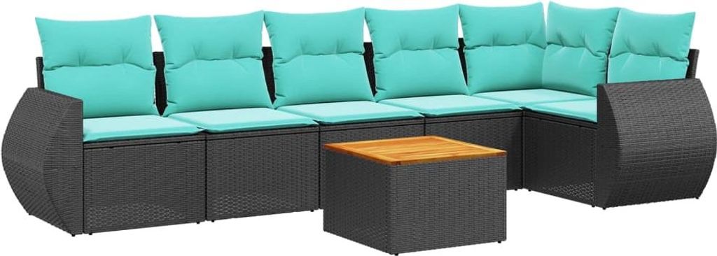 7-teiliges Gartensofa-Set mit Kissen, schwarzes Polyrattan