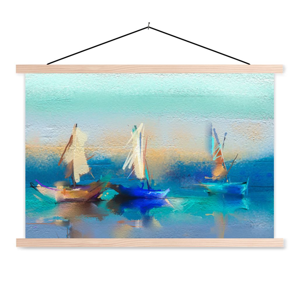 MuchoWow Textilposter Gemälde - Ölfarbe - Boot - Abstrakt 120x80 cm mit holzfarbenen Rahmen - Aufhängeset