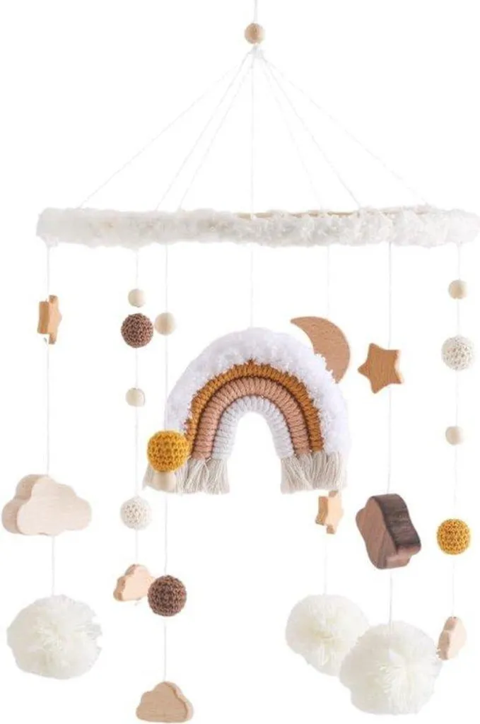 Mobile Bébé Musical pour Sommeil Paisible en Bois et Tissu Marron