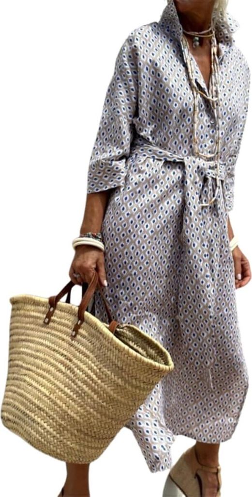 ASKSA Damen Sommer Vintage Button Down Hemdkleider Mit Langen aermeln Mode Gestreift Lose Taille Krawatte Freizeitkleider (Grau,S)