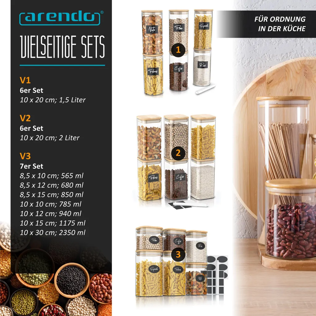 Arendo barattoli per la conservazione, set di barattoli in vetro 6x 1,5 litri borosilicato, coperchio in bambù, adesivo e pennarello, set di 6, resistenti al calore, ermetici, adatti al microonde e al lavaggio in lavastoviglie - 7