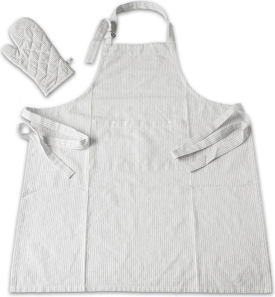 Grillschürze Küchenschürze mit Ofenhandschuh 2teilig im Set weiss/schwarz gestreift