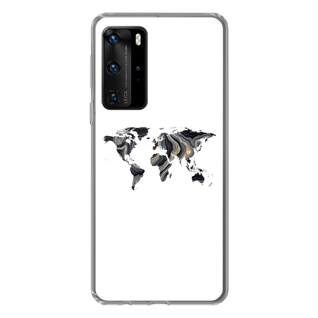 MuchoWow Handyhülle Schutzhülle Hülle für Huawei P40 Pro Weltkarte - Gold - Linie Silikon Softcase Handy Hülle - Schutz