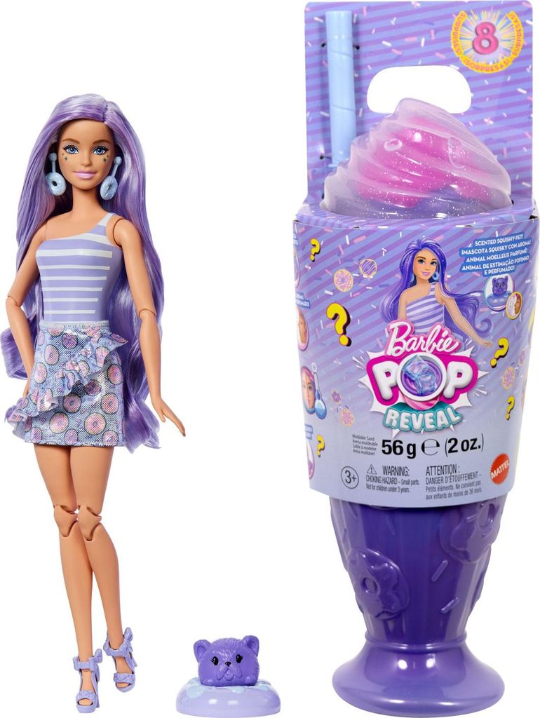 Barbie Pop Reveal Treat-Serie Set aus Puppe und Zubehör, 8 Überraschungen mit Haustier (Stile können abweichen), Modepuppe, Weiblich, 3 Jahr(e),...