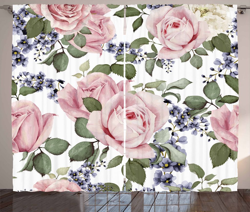 ABAKUHAUS Rose Rustikaler Vorhang, Blühende rosa Flora, Wohnzimmer Universalband Gardinen mit Schlaufen und Haken, 280 x 225 cm, Hellrosa Grün