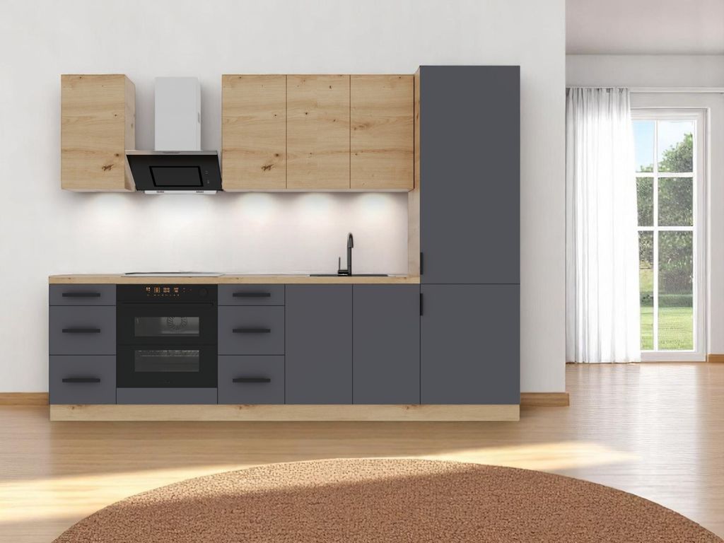 Küchenzeile 280 cm Küchenblock Küche Einbauküche Ohne Arbeitsplatte Küchenmöbel Ohne E-Geräten, Langen K98-M280 – Grau/Artisan Eiche