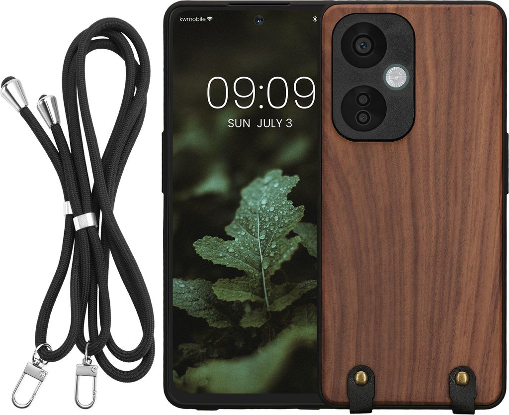 kwmobile Necklace Case kompatibel mit OnePlus Nord CE 3 Lite 5G / Nord N30 5G Hülle - Holz TPU Cover mit Handykette - Band Handyhülle Dunkelbraun
