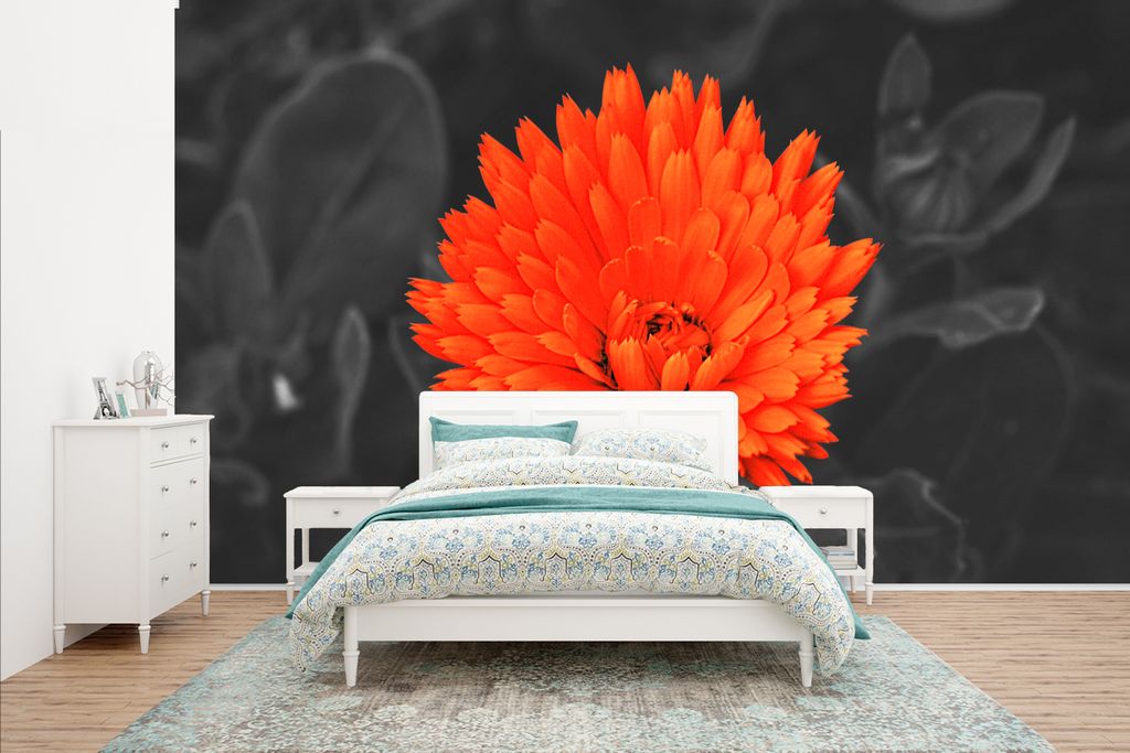 MuchoWow Fototapete für Wohnzimmer oder Schlafzimmer Wandtapete Vinyl Motivtapete Blumen - Orange - Schwarz - Weiß - 435x260 cm - Kinderzimmer