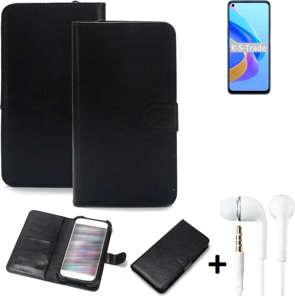 K-S-Trade Wallet Case Handyhülle kompatibel mit Oppo A76 Schutzhülle Flip cover Flipstyle Tasche Hülle Flipcover Slim Bumper schwarz + in ear