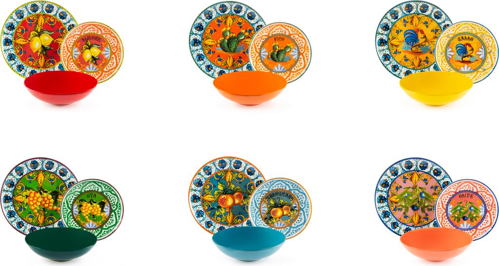 Six different sets of decorative plates and bowls, each with a unique colorful design.