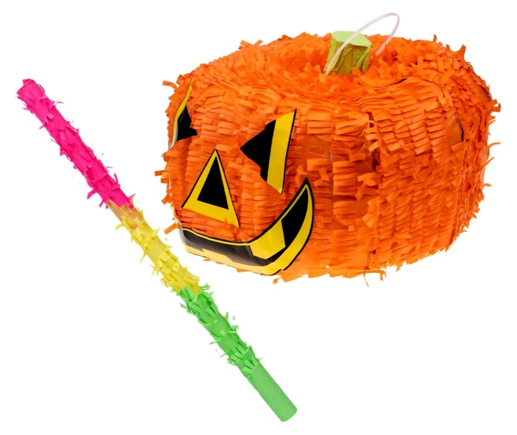Kleine Faltbare Kürbis-Piñata mit Schläger für Halloween und Geburtstagsfeiern