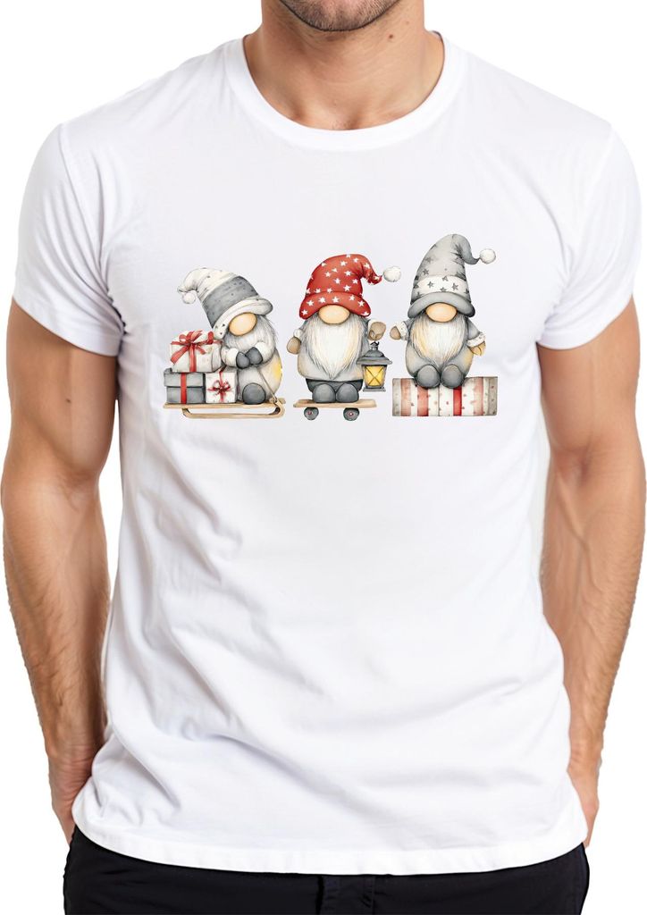 Weihnachtswichtel Drei Laterne Schlitten Geschenke Vintage Herren T-Shirt, Weiß, M