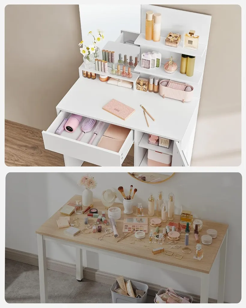 VASAGLE Coiffeuse avec Miroir Blanc, 1 Tiroir et 2 Étagères - Modèle RDT