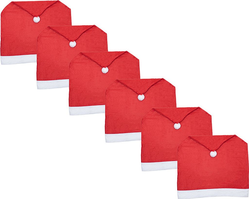 A set of red Christmas chair covers with white trim and a white pom-pom, arranged diagonally on a white background.