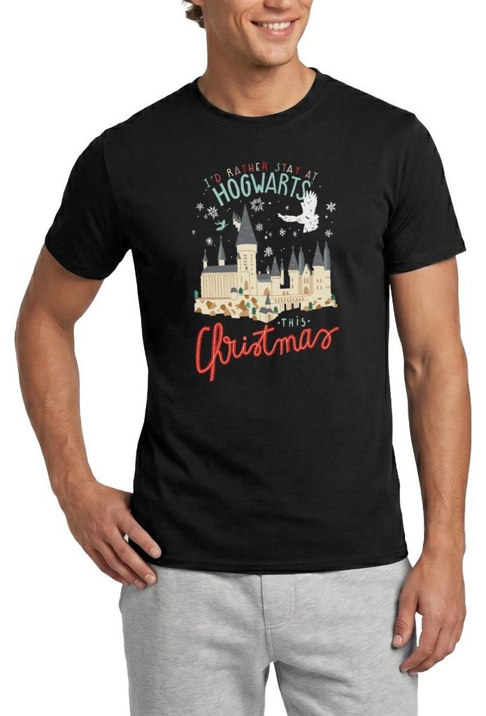 Spreadshirt Harry Potter Lieber In Hogwarts Bleiben Weihnachten Männer T-Shirt, L, Schwarz