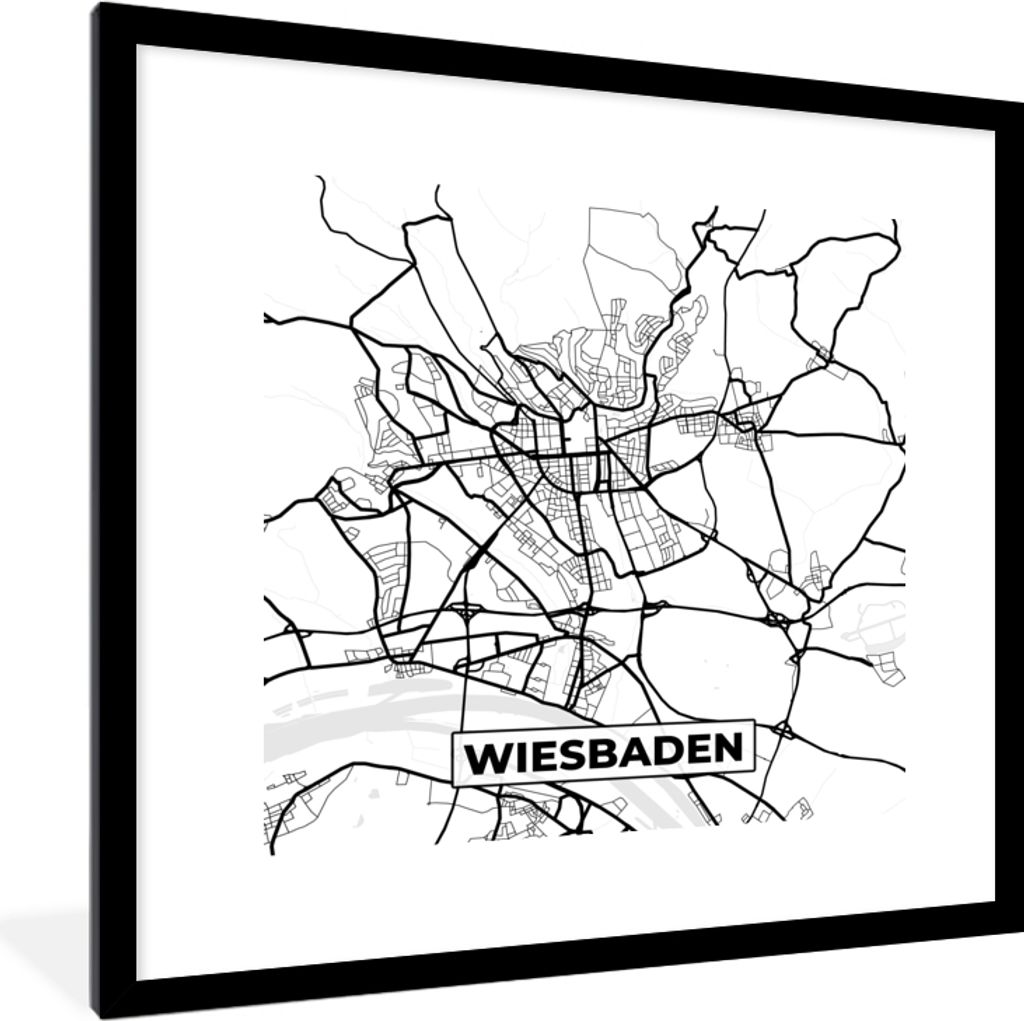 MuchoWow Gerahmtes Poster Wiesbaden - Karte - Stadtplan 40x40 cm - Poster mit Schwarzem Bilderrahmen Wandposter Rahmen Foto Bilder - Poster - Pla...