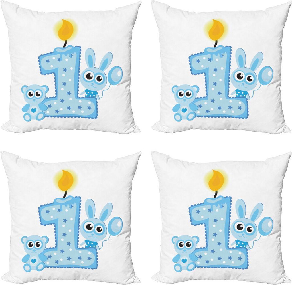 ABAKUHAUS 1. Geburtstag Kissenbezug Set (4 Stück), Jungen-Party-Kuchen-Kerze, Moderner Doppelseitiger Digitaldruck, 50 cm x 50 cm, Baby Blue und B...