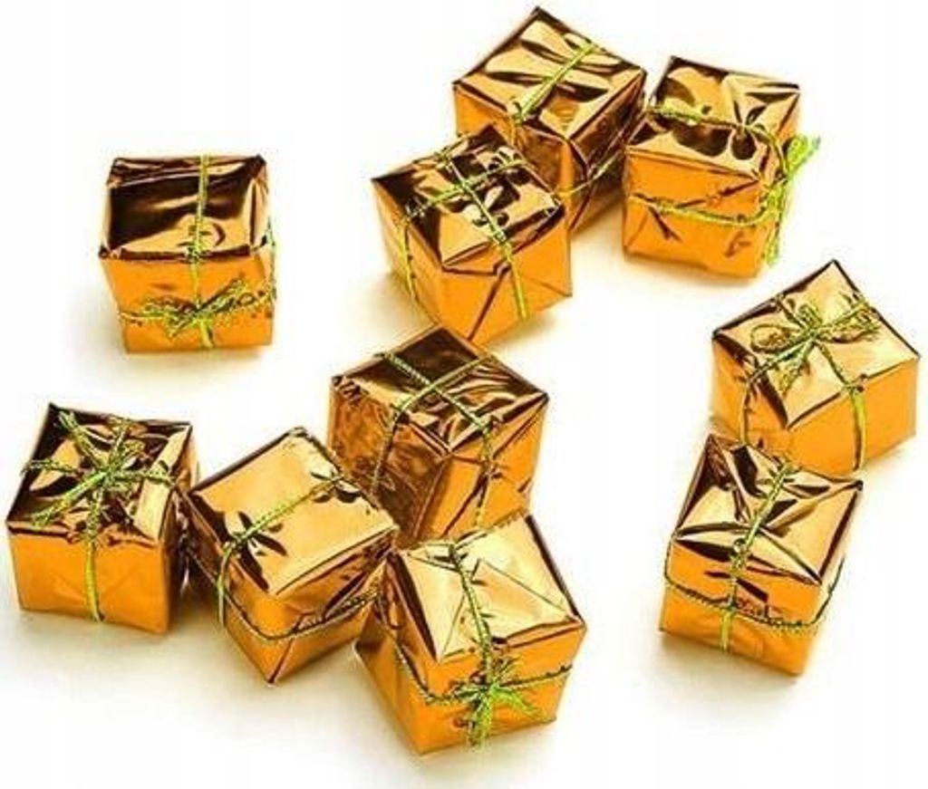 A collection of small, gold-wrapped gift boxes with green ribbon ties, arranged on a white background.