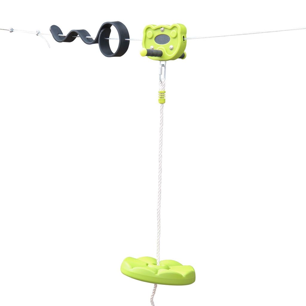 A zip line kit with a seat and a hand grip attached to a cable.