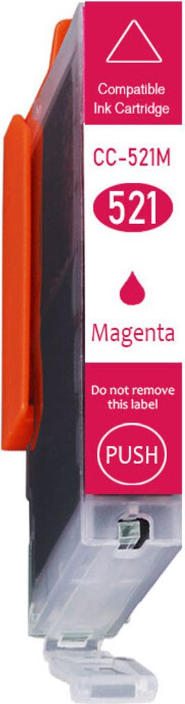 A side view of a magenta ink cartridge with orange clip.