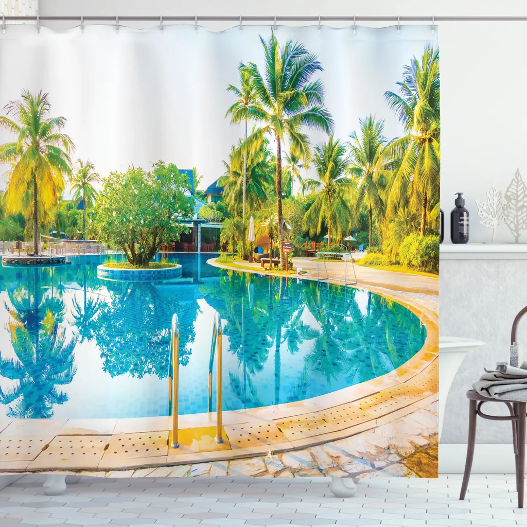 ABAKUHAUS Tenda da doccia paesaggistica, Pool Resort Travel, lavabile e facile da pulire con 12 ganci Stampa di alta qualità Colori resistenti a lungo, 175 x 220 cm, verde-blu crema
