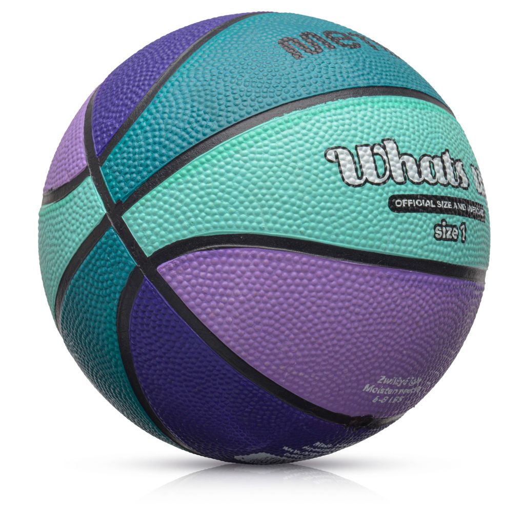 A colorful basketball with text on it, isolated on a white background.
