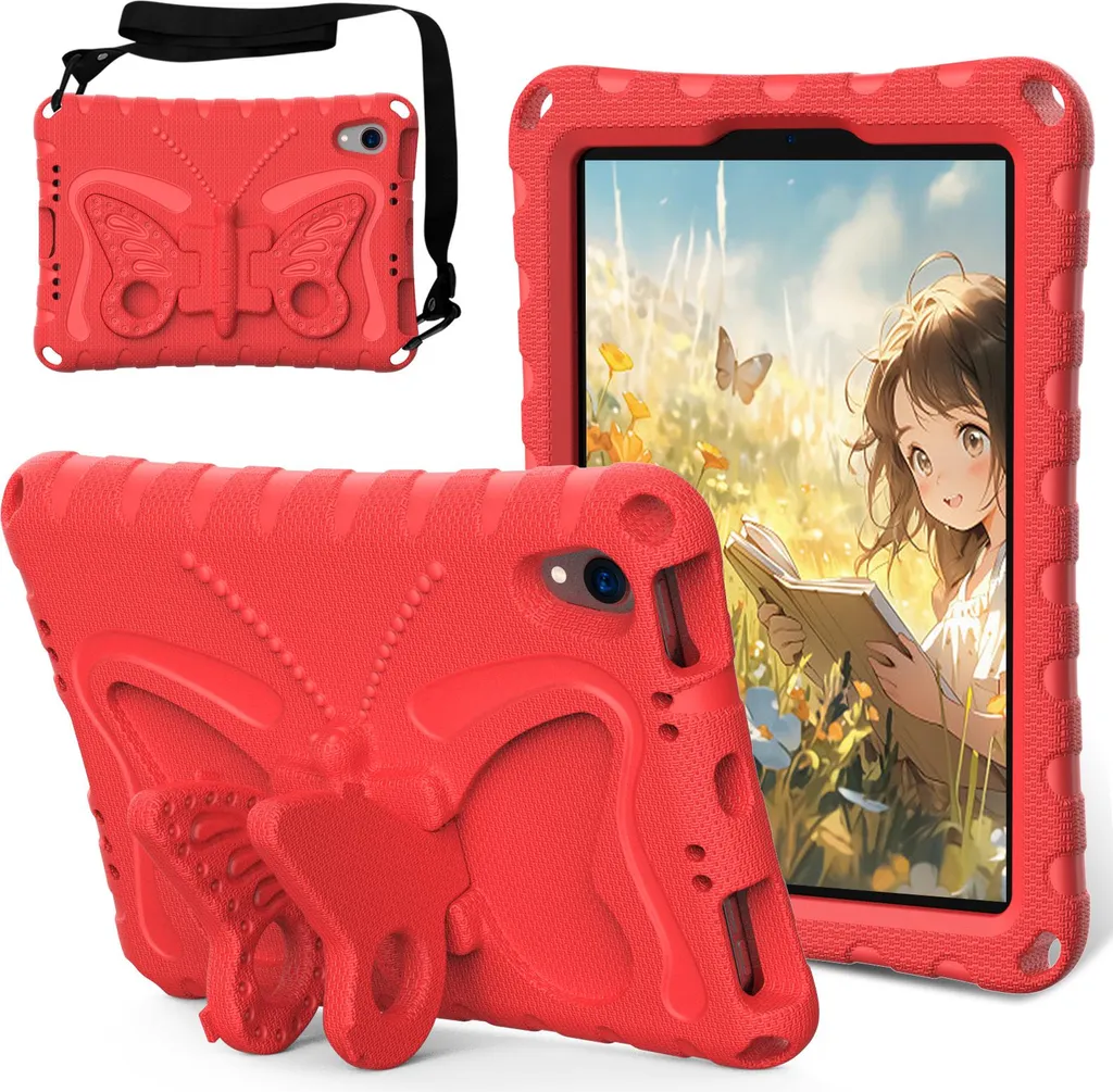 Custodia per bambini per iPad mini (2024)/iPad mini (A17 Pro)/iPad mini (2021)/iPad mini 6 8,3", leggera custodia antiurto in EVA con tracolla e supporto a farfalla Rosso