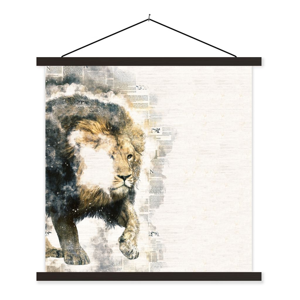 MuchoWow Textilposter Löwe - Zeitung - Farben 120x120 cm mit schwarzem Rahmen - Aufhängungsset