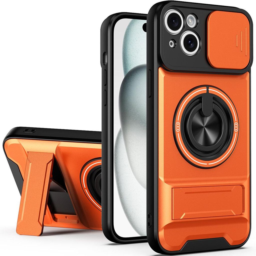 Magnetisch Hülle für iPhone 15 Plus Militär Stoßfest Hülle mit Dia Kameraschutz und Ringhalter Ständer Orange