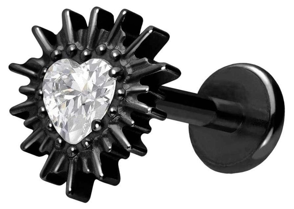 Ohrpiercing, Nasenpiercing Titan Labret mit Push Fit KRISTALLHERZ + SONNENSTRAHLEN Schwarz Stablänge: 8mm | Stabstärke: 1mm