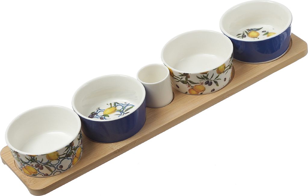 Tapas Set - Servierset - Holzbrett mit 4 Schalen und Fingefood Spießen - L: 40cm - Porzellan