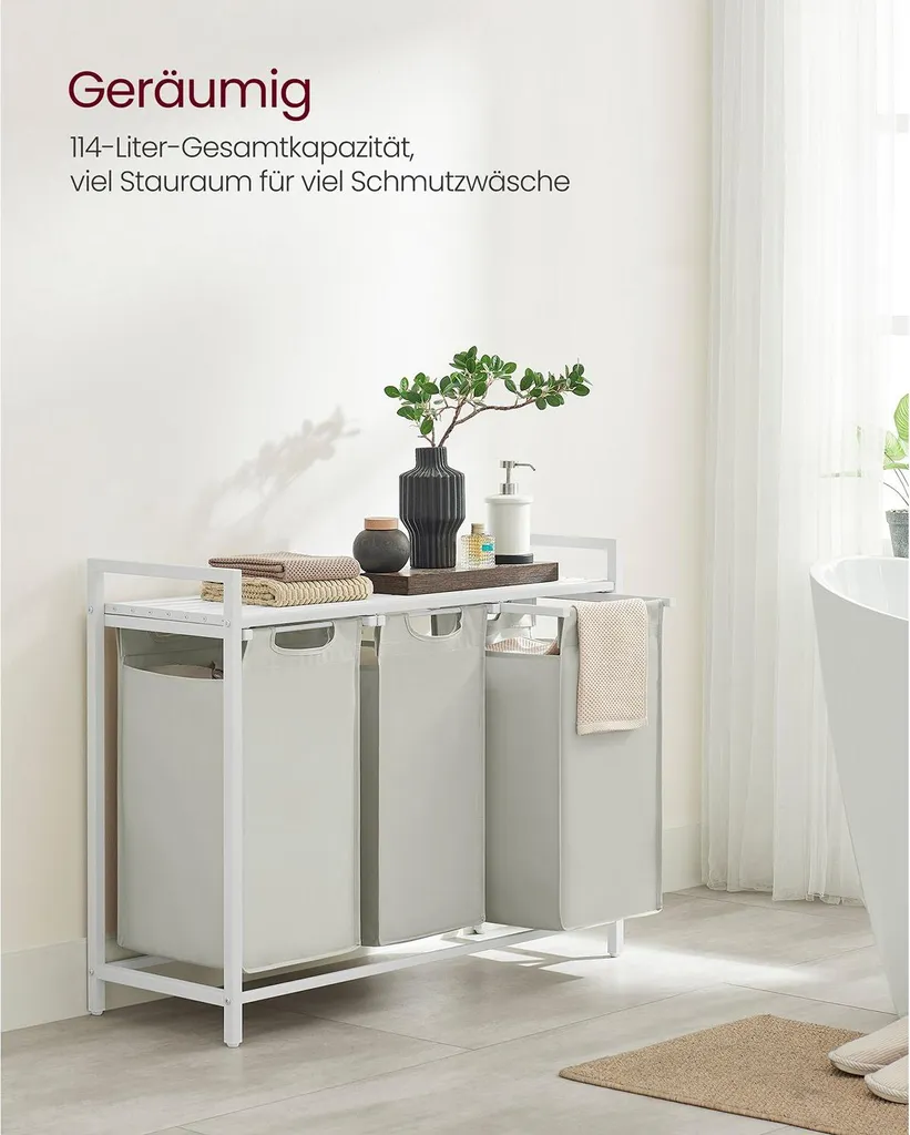Meuble de buanderie avec panier à linge 3 compartiments et plateau blanc