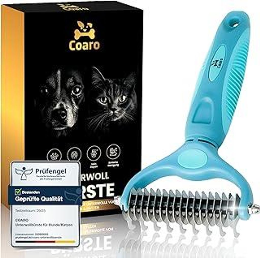 Unterwollbürste für Hunde und Katzen mit beidseitig geschliffenen Klingen für mühelose Fellpflege – rutschfester Komfortgriff für sicheren H...