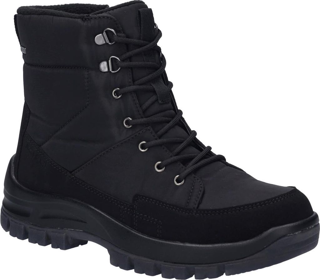 A black winter boot is shown against a white background.