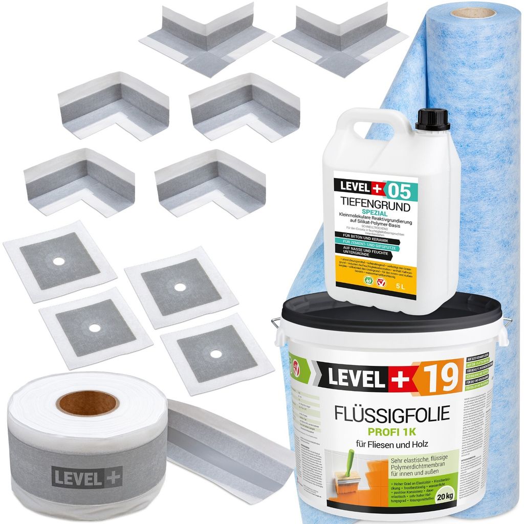 Dichtset Innen Außen Abdichtung-Set SET546 Dichtvlies Flüssigfolie 20Kg Auf Holz Fliesen OSB Wasserdicht Dichtband 120/70mm Ausdehnbar