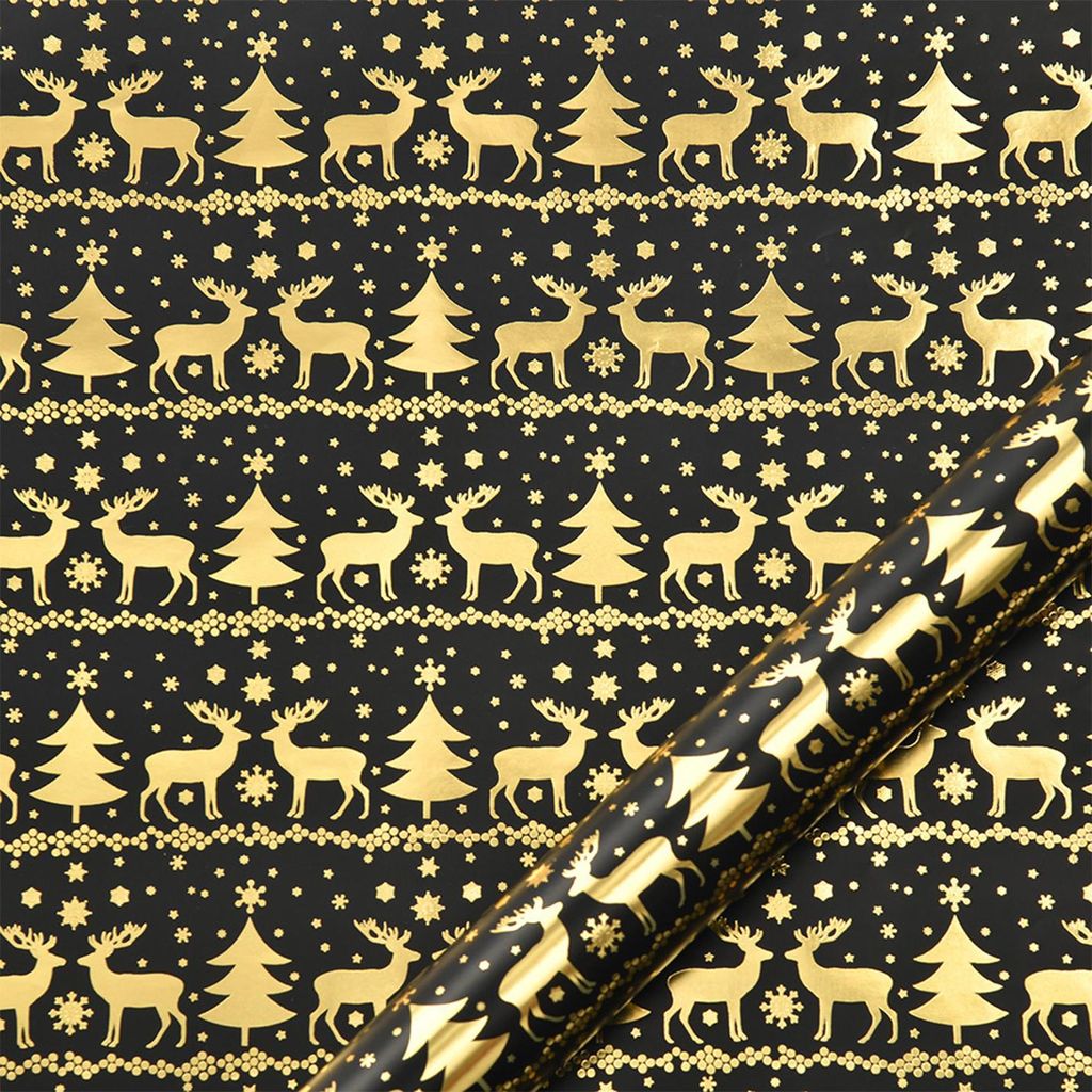 Wendbare Weihnachtsgeschenkpapierrolle, Schwarz-Goldfolie, Weihnachtsbaum-, Schneeflocken- und Rentiermotiv, 17" x 190" Jumbo-Rolle für Weihnachts...