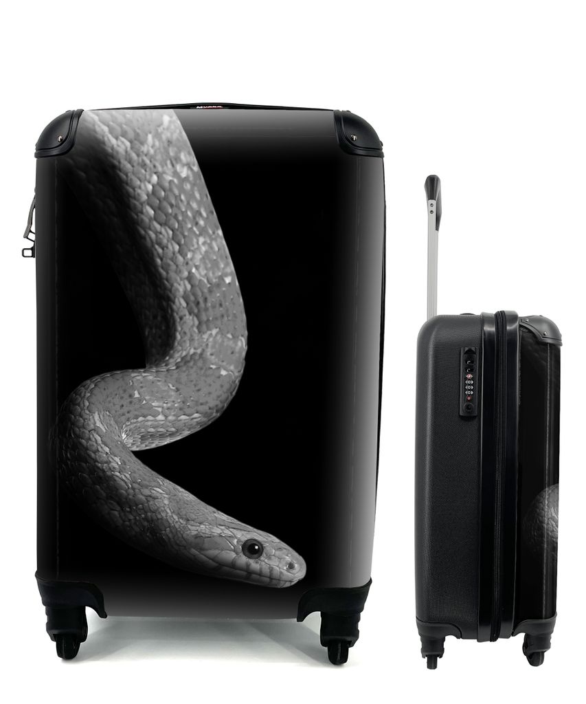 MuchoWow Koffer Handgepäck Trolley Rollkoffer Kleine Reisekoffer mit 4 Rollen - Tiere - Schlange - Schwarz - Weiß - Porträt - Cabin Size < 55x...