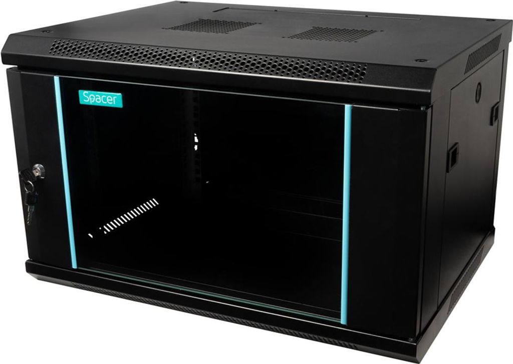 Schrank 19′′ SPACER 6U 600x450mm, Wandmontage, Flatpack (zerlegt), schwarz, abnehmbare Platten, Stahl 1.5mm, maximale Belastung 60Kg