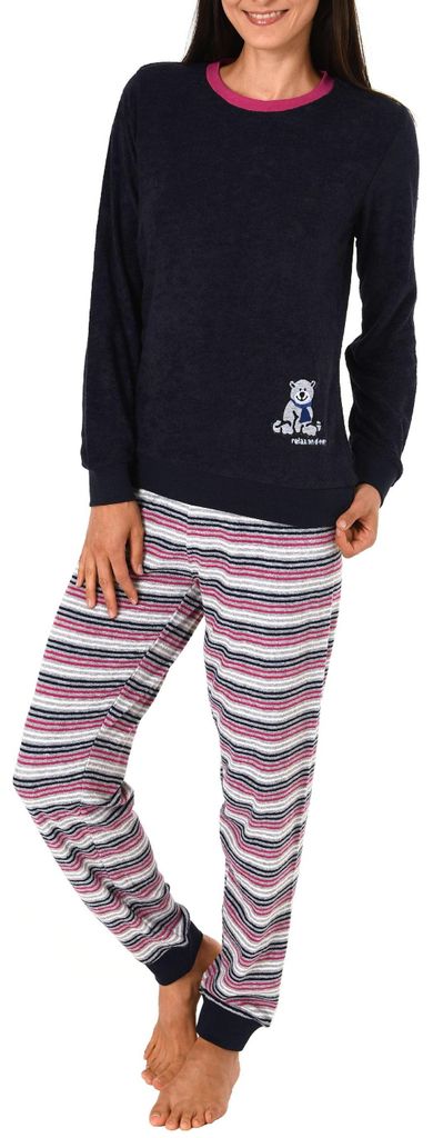 Damen Frottee Pyjama Schlafanzug langarm mit Bündchen und Produktbild 