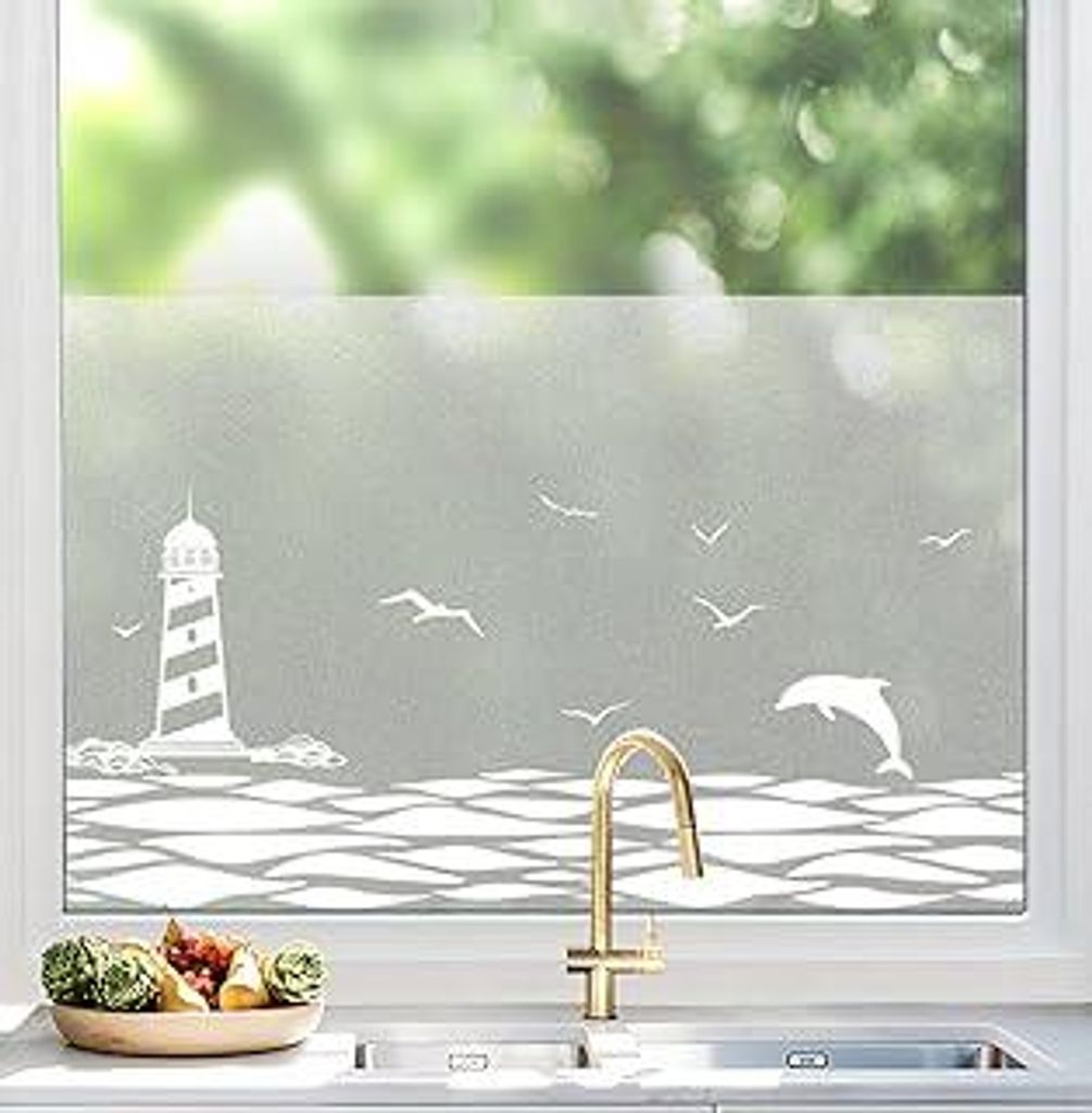 dktie Fensterfolie Blickdicht Sichtschutzfolie Fenster Milchglasfolie Muster des Meeres Statische Aufkleber ohne Klebstoff Wiederverwendbar Geeigne...