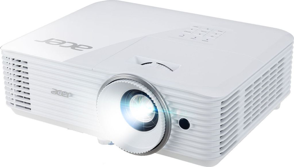 A white Acer projector with its lens emitting a bright light.