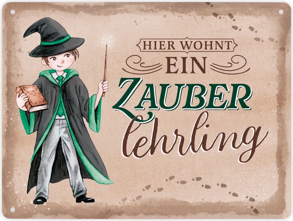 Zauberschüler Metallschild XL in 21x28 cm in grün mit Spruch Hier wohnt ein